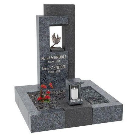 Grabstein mit Grabeinfassung - Materialkombination und Taube "Richard und Emma SCHNEIDER"