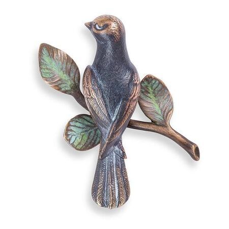 Vogel auf Ast mit Blättern 37223 - Bronze - farbig patiniert