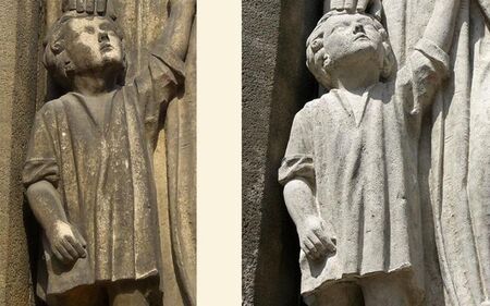 Reinigung - Sandsteinfigur mit Microstrahl-Verfahren